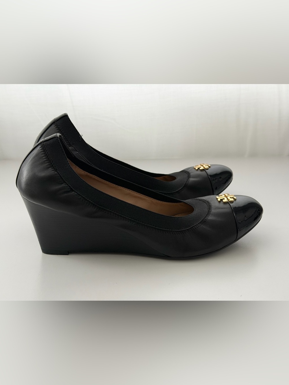 Tory Burch Black Leather Cap-Toe Wedge Heels - Picture 2 of 7